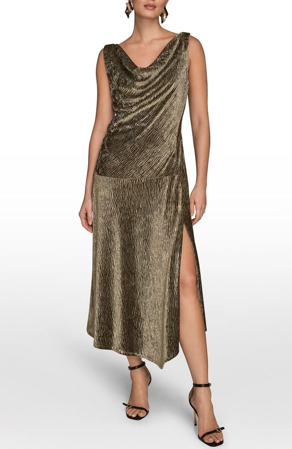 ダナ キャラン ニューヨーク レディース トップス ワンピース ミディ ベルベット ノースリーブ Donna Karanew York Cowl Neck Sleeveless Velvet Midi Cocktail Dress Antique Green