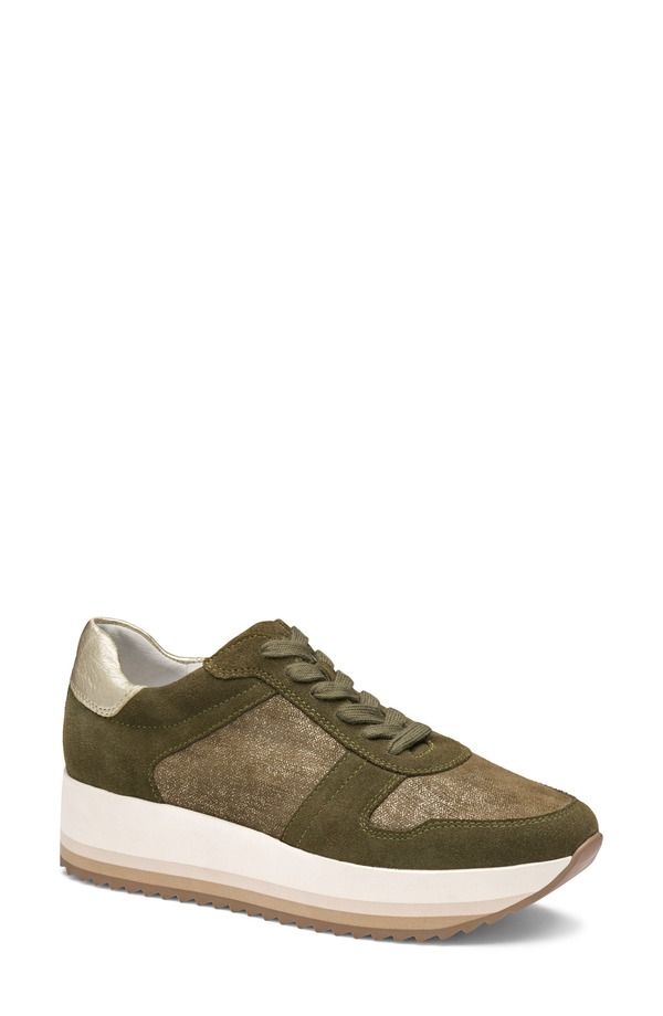 ジョンストンアンドマーフィー レディース シューズ スニーカー プラットフォーム カラーブロック Johnston Murphy Gracie Colorblock Platform Sneaker Olive Suede Metallic Suede オリー