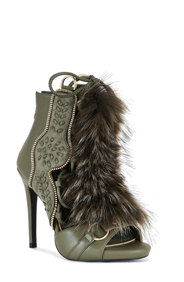 アザレア ワン レディース シューズ ブーツ・レインブーツ AZALEA WANG Shainy Faux Fur Open Toe Bootie Olive オリーブ