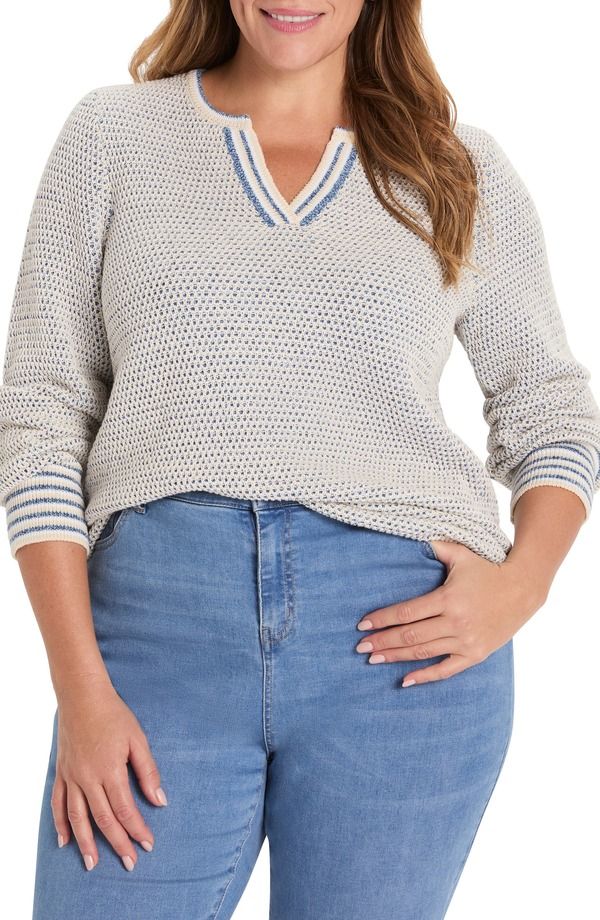 ニックプラスゾーイ レディース アウター パーカー・スウェット セーター NICZOE Textured Split Neck Sweater Blue Multi ブルー 18,801円