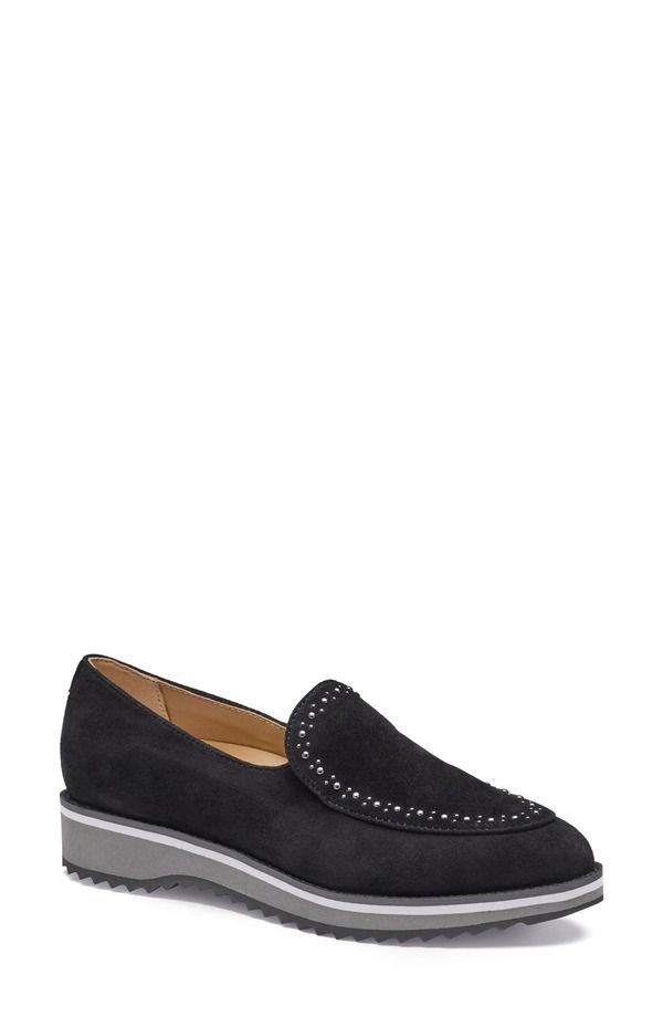 ジョンストンアンドマーフィー レディース シューズ スリッポン・ローファー プラットフォーム Johnston Murphy Ulyssa Studded Platform Loafer Black Suede ブラック