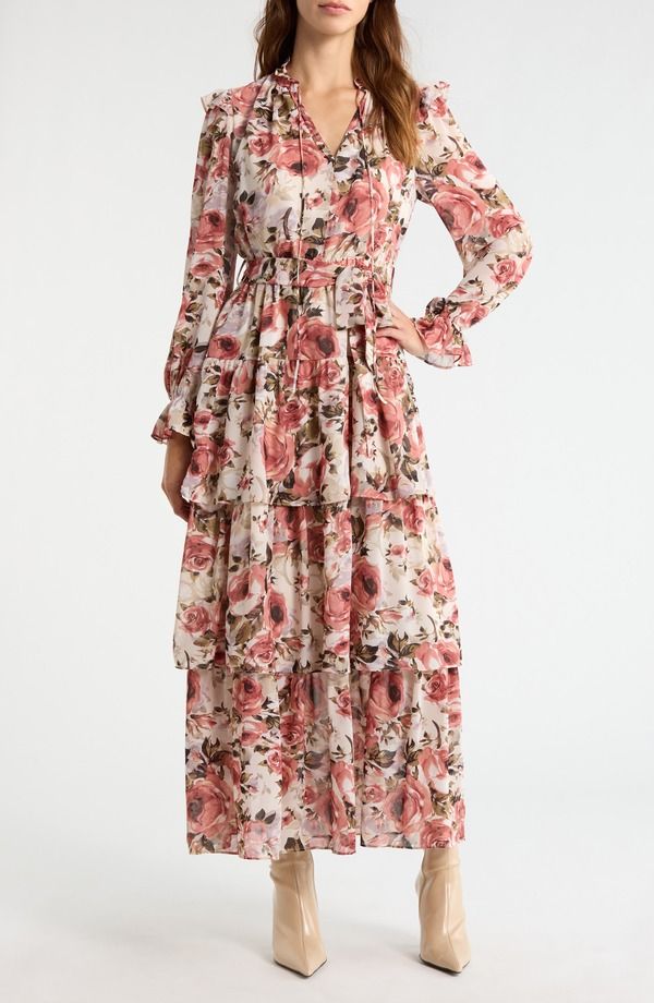 メロデイ レディース トップス ワンピース フラワー柄 フリル マキシ フラワー MELLODAY Floral Ruffle Tie Belt Long Sleeve Maxi Dress Ivory Multi アイボリー