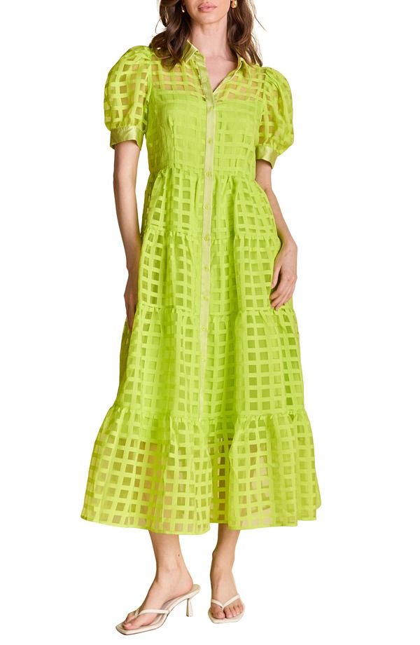 イングリッシュファクトリー レディース トップス ワンピース ティアード ミディ シャツ English Factory Grid Pattern Tiered Midi Shirtdress Neon Green ネオン1