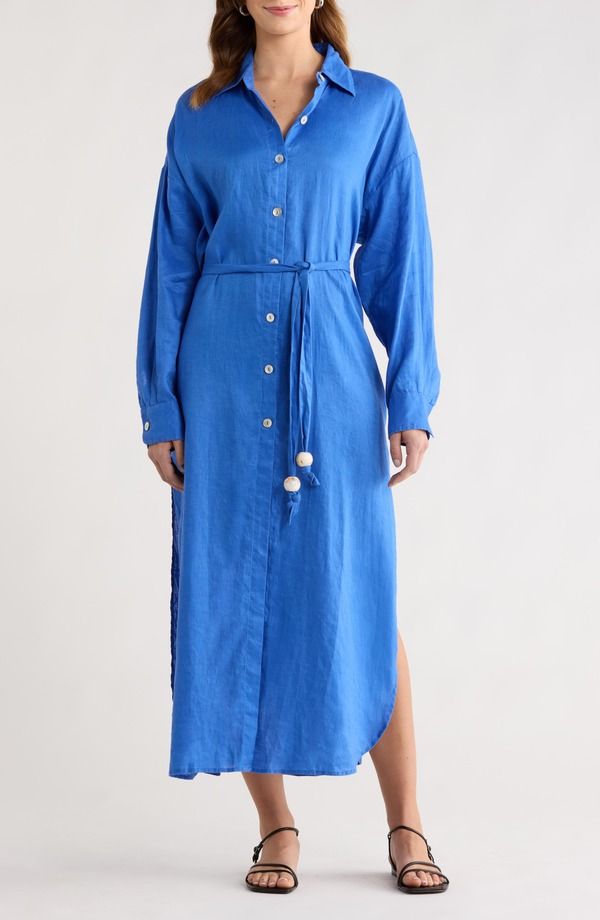 エラン レディース トップス ワンピース シャツ リネン マキシ Elan Long Sleeve Linen Maxi Shirtdressapphire Blue ブルー