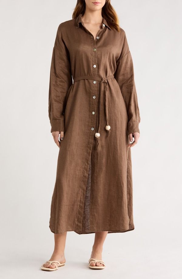 エラン レディース トップス ワンピース シャツ リネン マキシ Elan Long Sleeve Linen Maxi Shirtdress Brown ブラウン