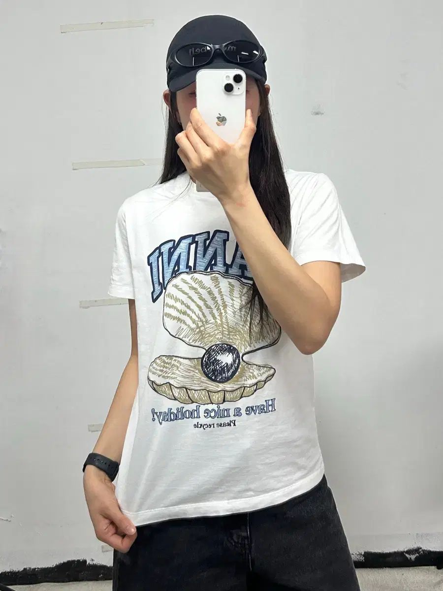 GANNI ガニー オイスター プリント ロゴ 半袖 Tシャツ 白