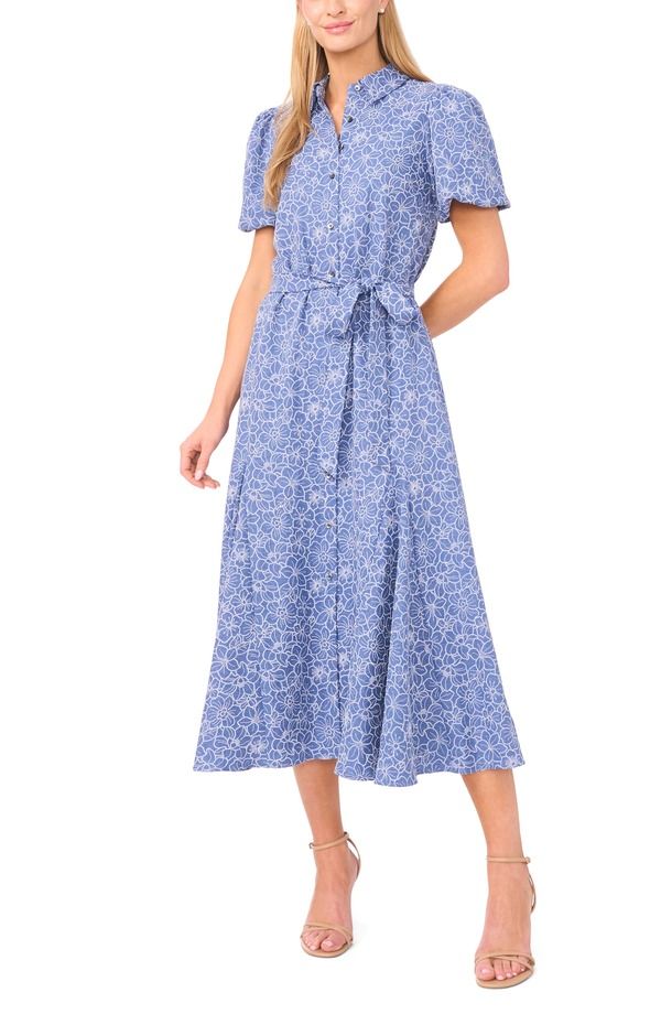 セセ レディース トップス ワンピース フラワー柄 ミディ シャツ 刺繍 フラワー CeCembroidered Floral Chambray Midi Shirtdress Classic Navy ネイビー
