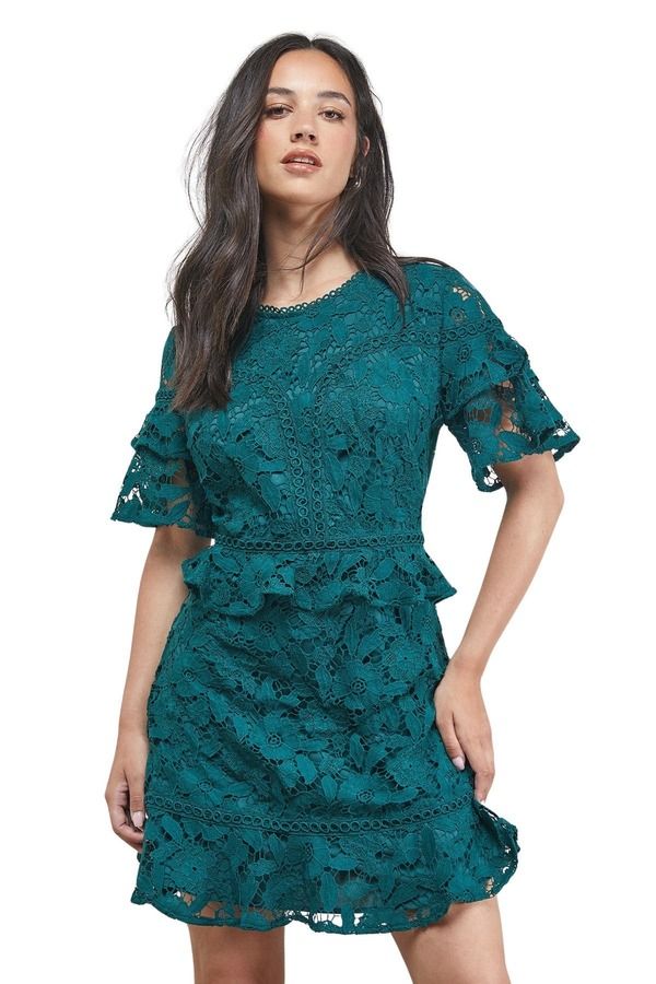 オアシス レディース トップス ワンピース レーストリム ミニ レース Oasis Lace Trim Detail Frill Sleeve Mini Dress Green グリーン