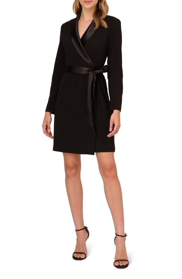 アドリアナ パペル レディース トップス ワンピース クレープ Adrianna Papell Tux Long Sleeve Crepe Faux Wrap Dress Black ブラック