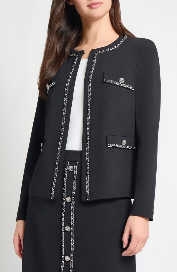 ミンウォン レディース アウター ジャケット・ブルゾン クレープ Ming Wang Heritage Fit Chain Trim Deco Crepe Jacket Black ブラック