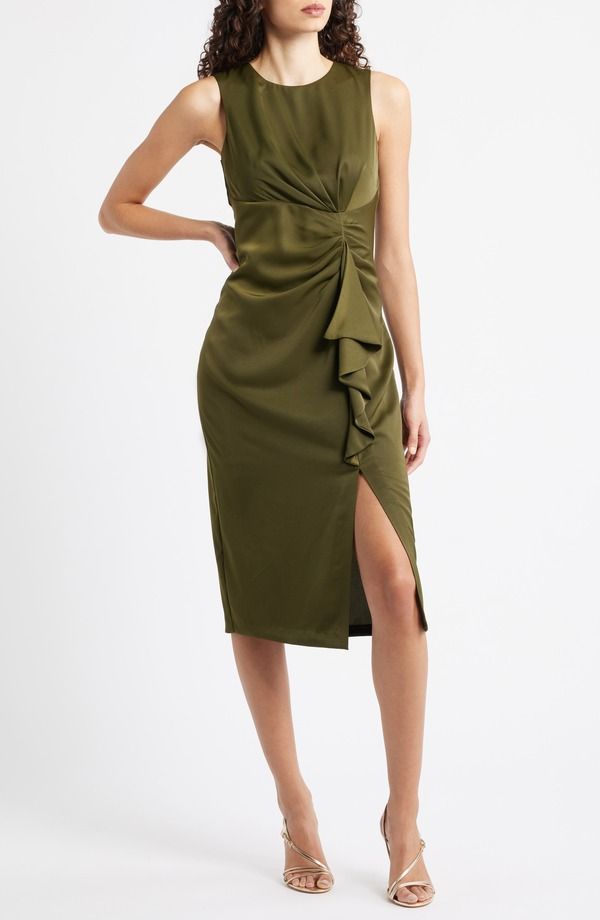 ヴィンスカムート レディース トップス ワンピース フリル ミディ サテン ノースリーブ Vince Camuto Ruffle Detail Sleevelessatin Sheath Midi Dress Olive オリーブ