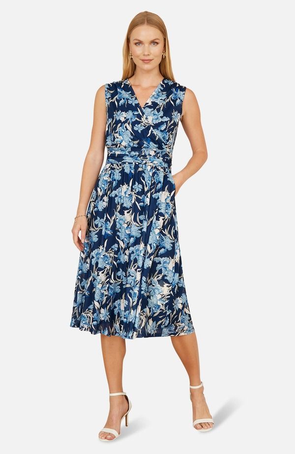 ユミキム レディース トップス ワンピース Vネック フラワー柄 ミディ フラワー Yumi Floral Wrap V Neck Midi Skater Dress Blue ブルー