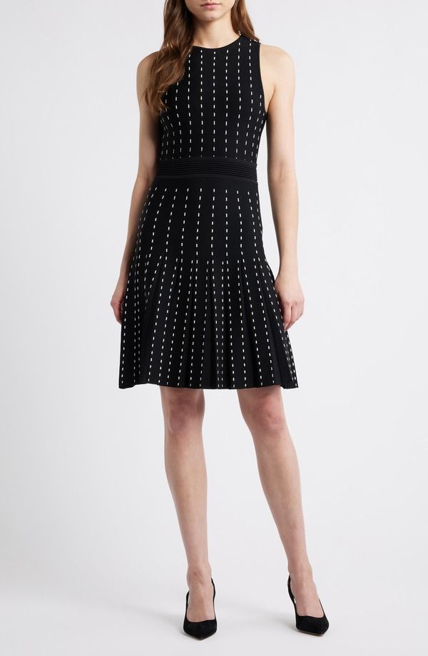 アンクライン レディース トップス ワンピース Anne Klein Stripe Pintuck Fit Flare Dress Anne Black White Dove ホワイト