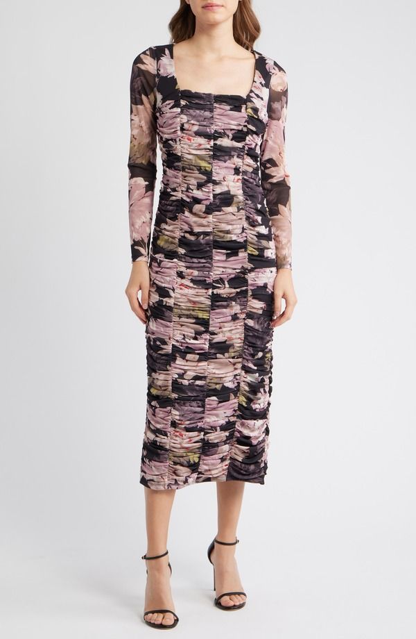 アンクライン レディース トップス ワンピース フラワー柄 ギャザー ミディ フラワー Anne Klein Floralong Sleeve Ruched Midi Dress Anne Black Multi ブラック