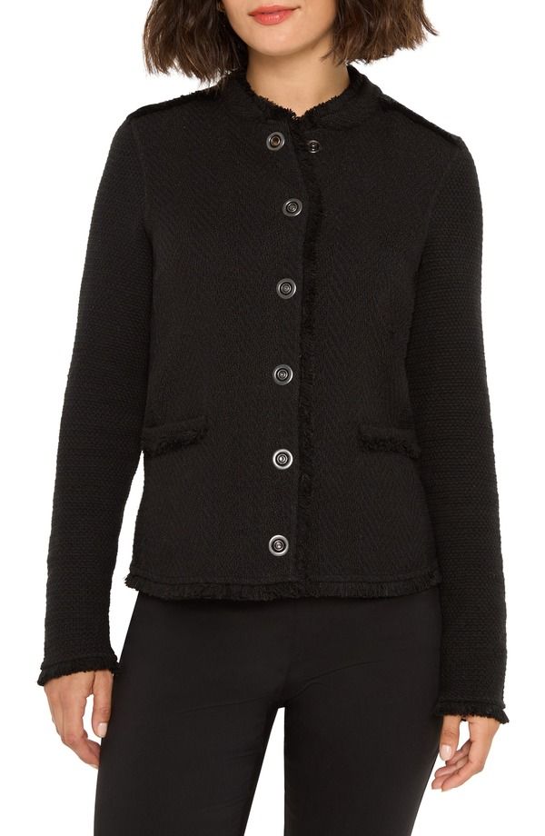 ニックプラスゾーイ レディース アウター ジャケット・ブルゾン ニット フリンジ NICZOE Military Fringe Mixed Knit Jacket Black Onyx ブラック