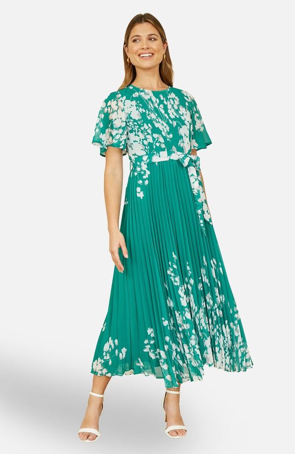 ユミキム レディース トップス ワンピース フラワー柄 プリーツ ミディ フラワー Yumirror Floral Design Pleated Midi Dress Green グリーン