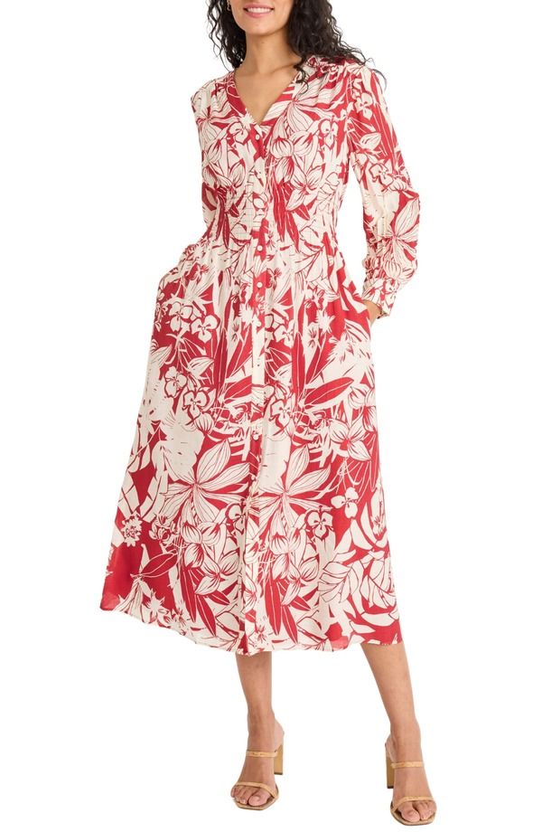 マギーロンドン レディース トップス ワンピース ミディ Maggy London Long Sleeve ButtonUp Midi Dress Red Ivory アイボリー