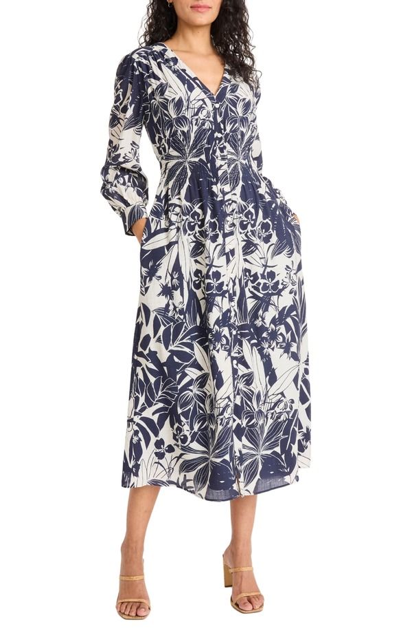 マギーロンドン レディース トップス ワンピース ミディ Maggy London Long Sleeve ButtonUp Midi Dress Navy Ivory アイボリー