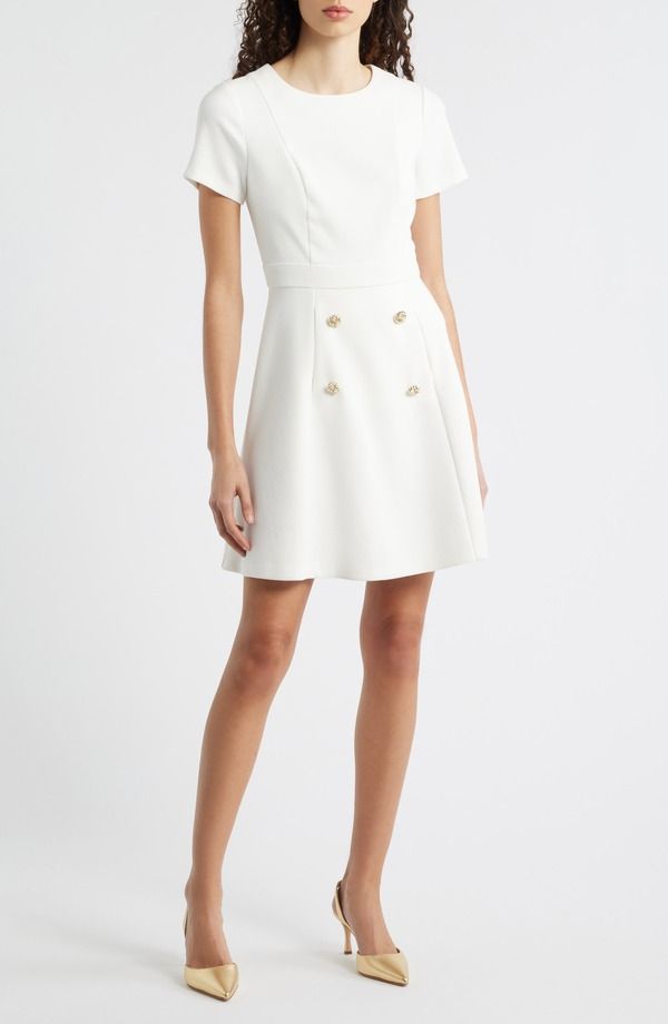 エリザジェイ レディース トップス ワンピース Eliza J Button Detail Short Sleeve Fit Flare Dress Ivory アイボリー