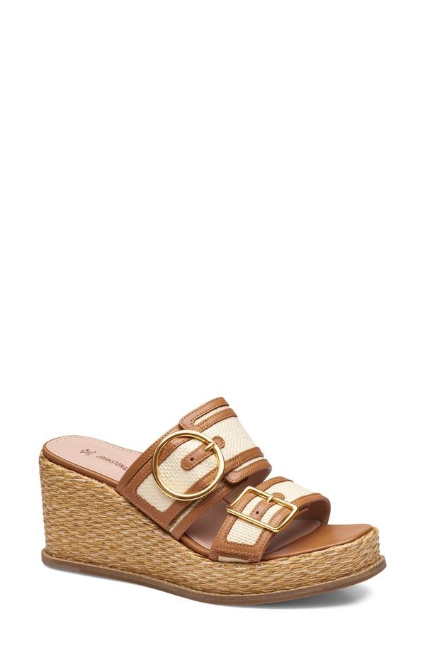 ジョンストンアンドマーフィー レディース シューズ ヒール プラットフォーム サンダル Johnston Murphy Mallory Double Buckle Platform Wedge Sandal Natural Raffia