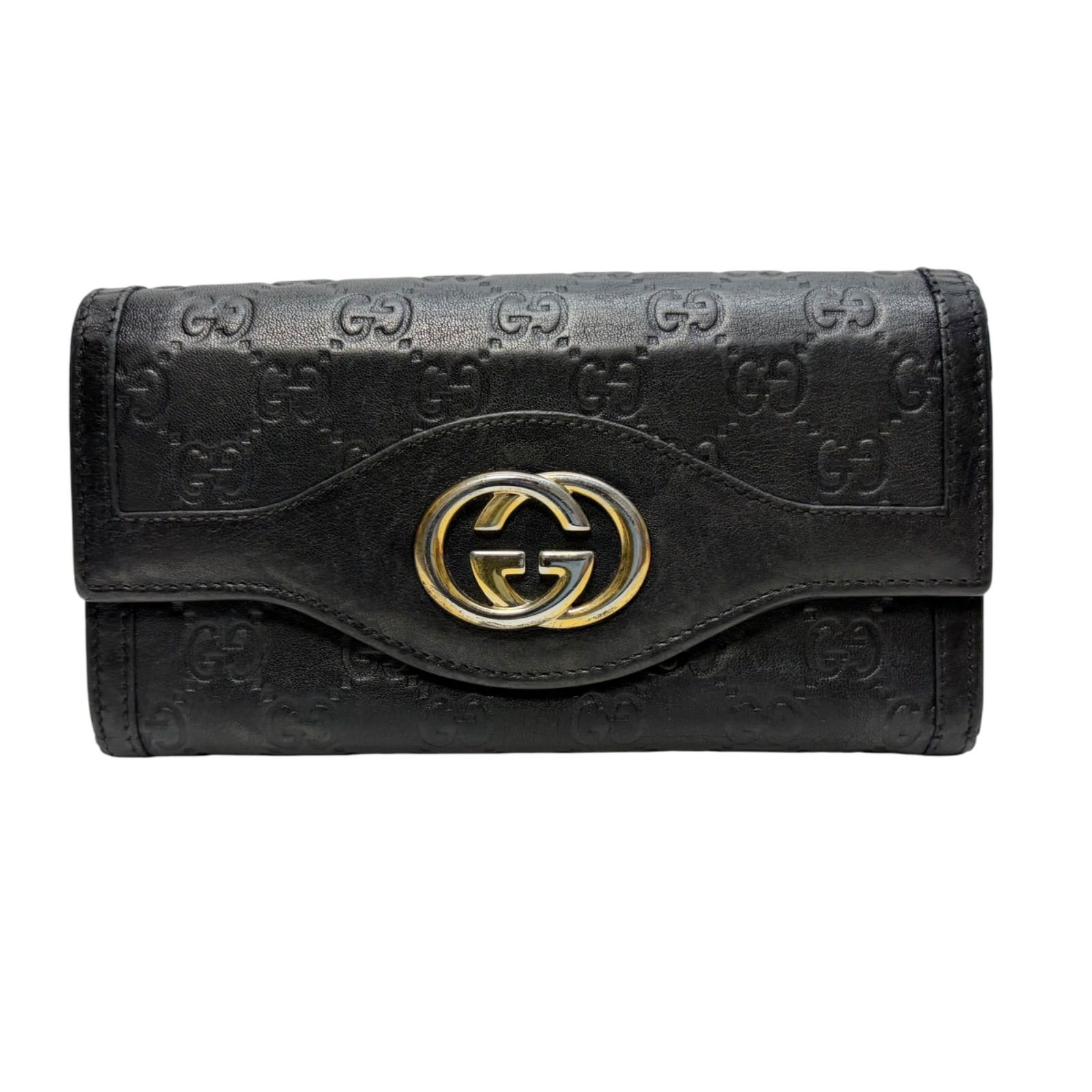 4377 GUCCI グッチ 長財布 インターロッキング GG シマレザー フラップ コンチネンタル