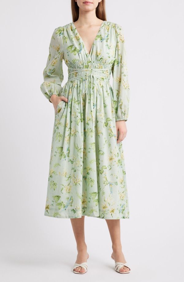 エン セゾン レディース トップス ワンピース フラワー柄 ミディ コットン フラワー En Saison Rylee Floralong Sleeve Cotton Midi Dressage Olive Yellow イエロー