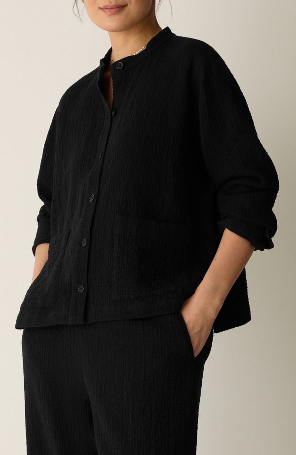 エイリーンフィッシャー レディース アウター ジャケット・ブルゾン シャツ コットン Eileen Fisher Mandarin Textured Stretch Organicotton Shirt Jacket Black ブラック
