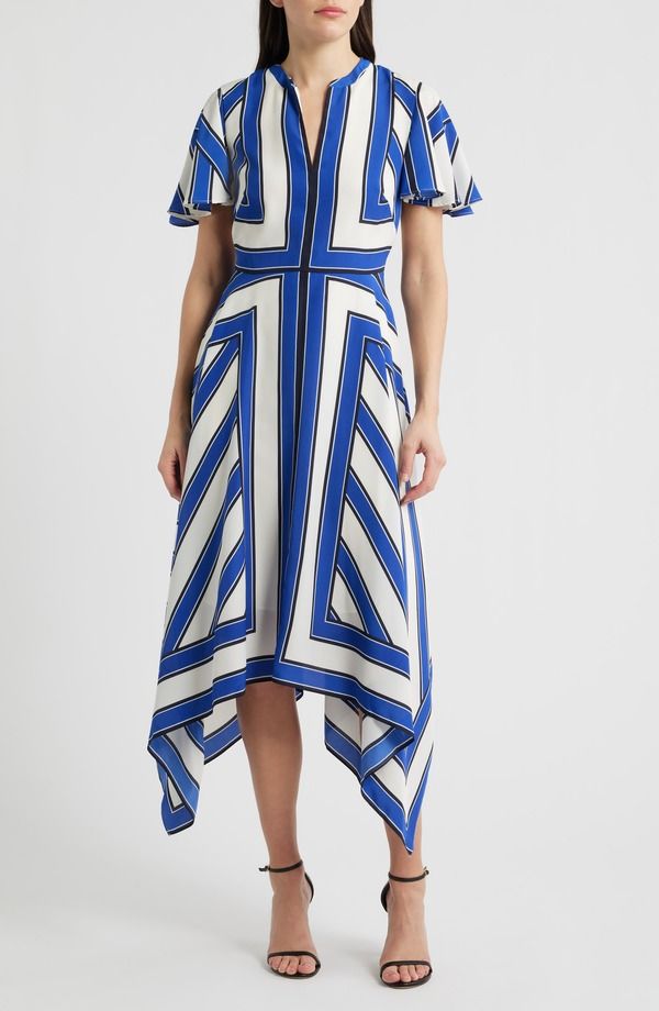 エリザジェイ レディース ボトムス カジュアルパンツ Eliza J Geometric Stripe High Low Handkerchief Dress Ivory Blue アイボリー