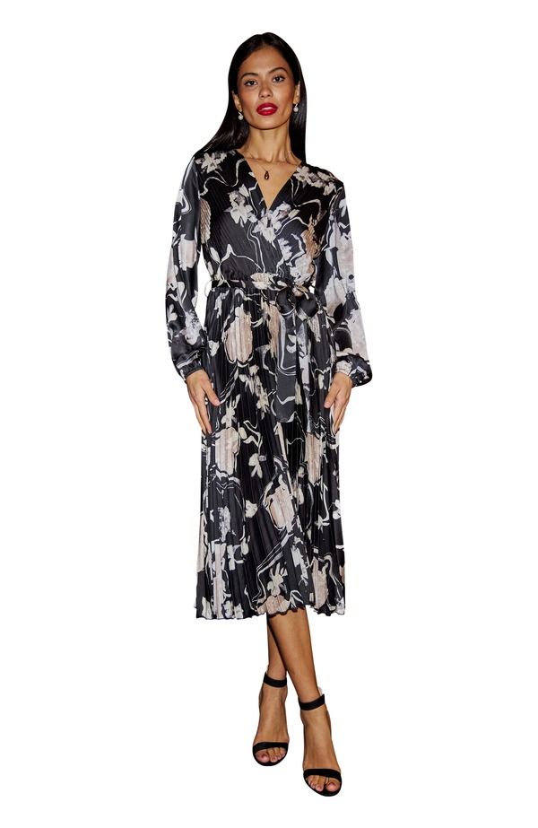 ユミキム レディース トップス ワンピース フラワー柄 ミディ サテン フラワー Yumi Floral Satin Long Sleeve Midi Dress Black ブラック