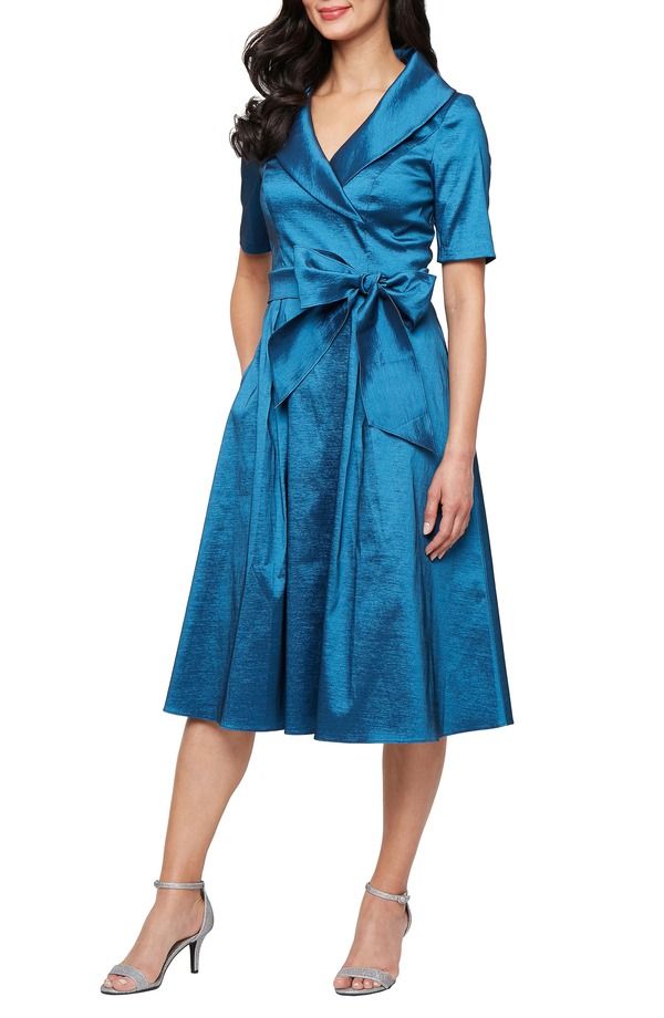 アレックスイブニングス レディース トップス ワンピース ミディ Alex Eveningstretch Taffeta Faux Wrap Midi Cocktail Dress Deep Blue ブルー