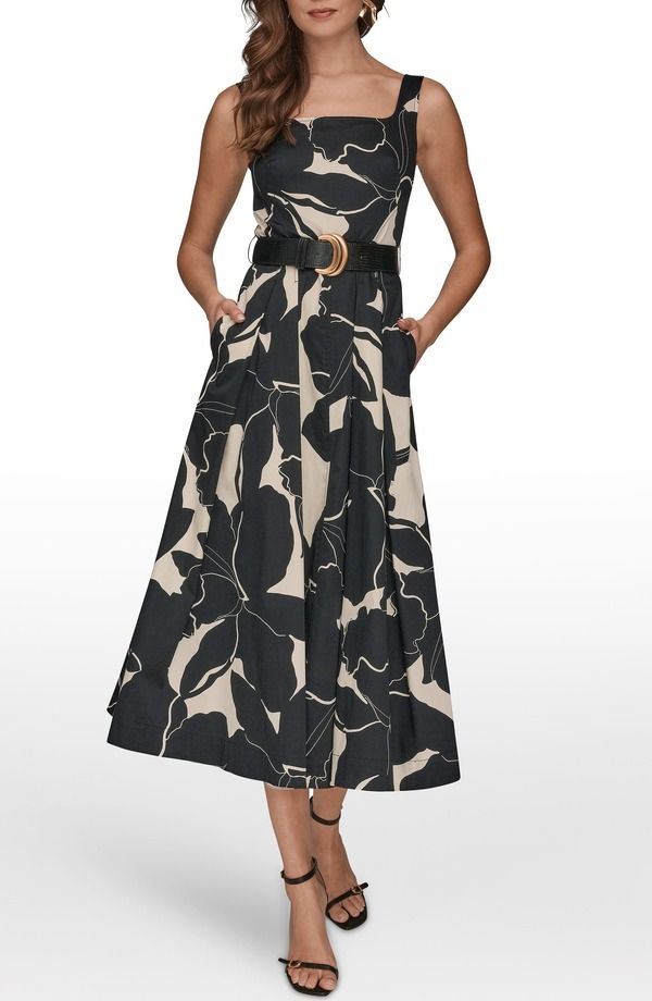 ダナ キャラン ニューヨーク レディース トップス ワンピース ミディ Donna Karanew York Belted Fit Flare Midi Dress Black Parchment ブラック