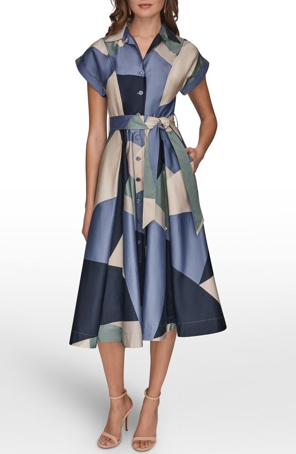 ダナ キャラン ニューヨーク レディース トップス ワンピース パッチワーク ミディ シャツ Donna Karanew York Patchwork Belted Midi Shirtdress Tempest Multi マルチカラー