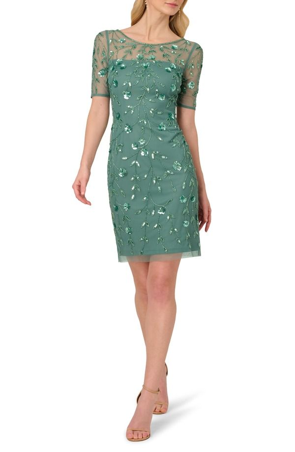 アドリアナ パペル レディース トップス ワンピース フラワー柄 フラワー Adrianna Papell Floral Beaded Cocktail Dress Green Slate スレート