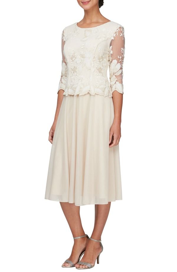 アレックスイブニングス レディース トップス ワンピース ミディ 刺繍 Alex Evenings Illusion Sleevembroidered Midi Dress Taupe トープ