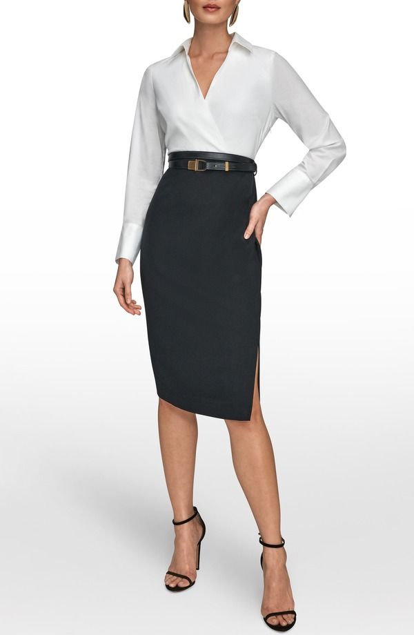 ダナ キャラン ニューヨーク レディース トップス ワンピース Tシャツ Donna Karanew York Belted Sateen Sheath Dress CreamBlack クリーム