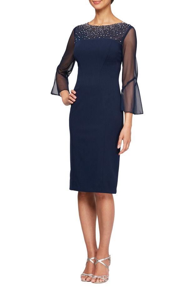 アレックスイブニングス レディース トップス ワンピース Alex Evenings Embellished Short Sheath Cocktail Dress NavySilver ネイビー