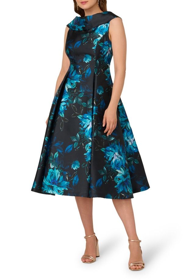 アドリアナ パペル レディース トップス ワンピース Adrianna Papell Roll Neck Taffeta Fit Flare Dress Navy Multi ネイビー