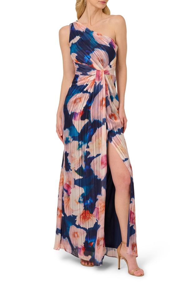 アドリアナ パペル レディース トップス ワンピース シフォン フラワー柄 プリーツ ワンショルダー フラワー Adrianna Papell Pleated Floral OneShoulder Chiffon GownavyBlush ネイビー