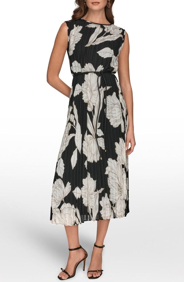 ダナ キャラン ニューヨーク レディース トップス ワンピース プリーツ ミディ Donna Karanew York Belted Pleated Midi Dress Black Fawn Cream クリーム