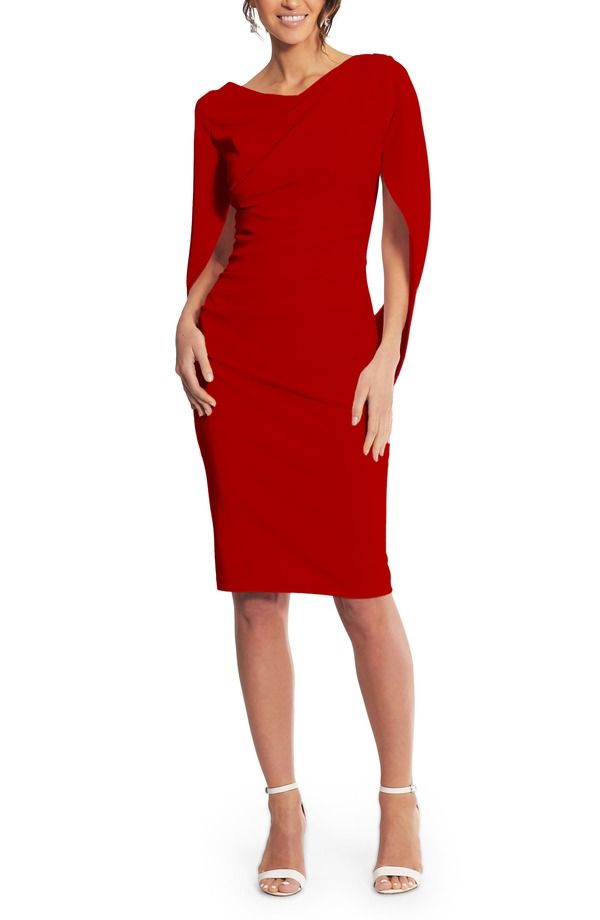 ベッツィアンドアダム レディース トップス ワンピース ケープデザイン クレープ キャップ ケープ Betsy Adam Cape Sleeve Crepe Sheath Dress Red レッド