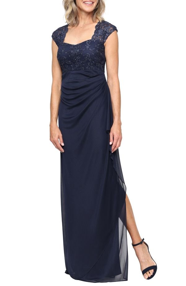 アレックスイブニングス レディース トップス ワンピースパンコール エンパイア Alex Eveningsequin Beaded Empire Waist Gownavy ネイビー
