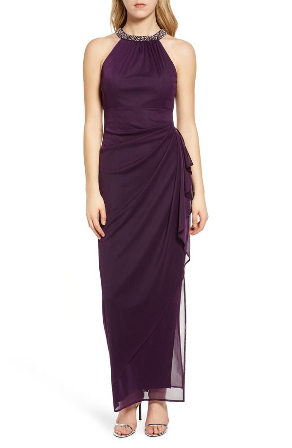 アレックスイブニングス レディース トップス ワンピース ギャザー ホルター Alex Evenings Embellished Halteruched Column Formal Gown Eggplant
