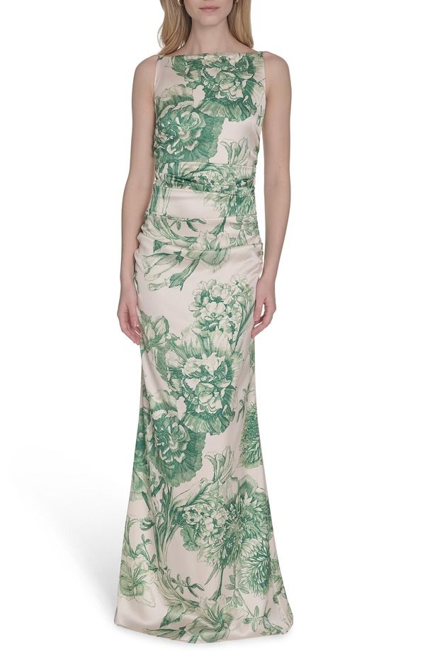 ヴィンスカムート レディース トップス ワンピース フラワー柄 ギャザー サテン フラワー Vince Camuto Floral Ruched Waist Satin Gown Green グリーン