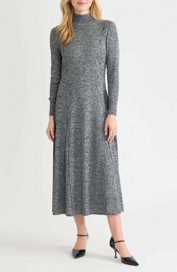 ミソック レディース トップス ワンピース A ライン ニット マキシ Misook Mlange Long Sleeve ALine Knit Maxi Dress Black New Ivory アイボリー