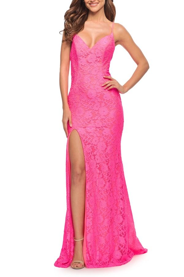 ラフェム レディース トップス ワンピース チュール レース La Femme Gorgeous Neon Pink Tulle and Lace Mermaid Gowneon Pink ピンク