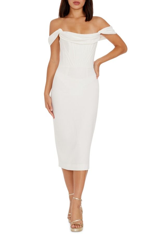 ドレスザポプレーション レディース トップス ワンピース ミディ Dress the Population Vickie Off the Shoulder Midi Corset Dress White ホワイト