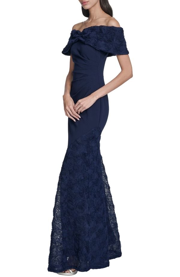 エリザジェイ レディース トップス ワンピース フラワー柄 フラワー Eliza J Off the Shoulder 3D Floral Gownavy ネイビー