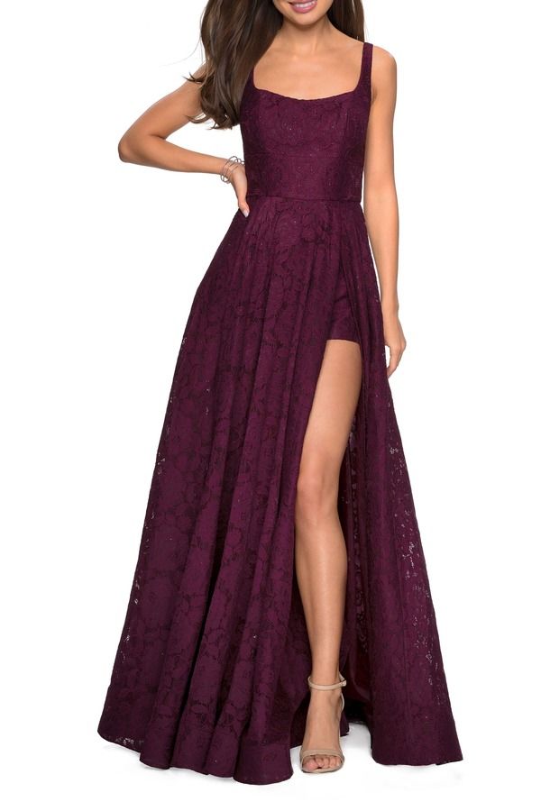 ラフェム レディース トップス ワンピース ショートパンツ レース La Femme Long Lace Prom Dress with Attached Shorts Dark Berry