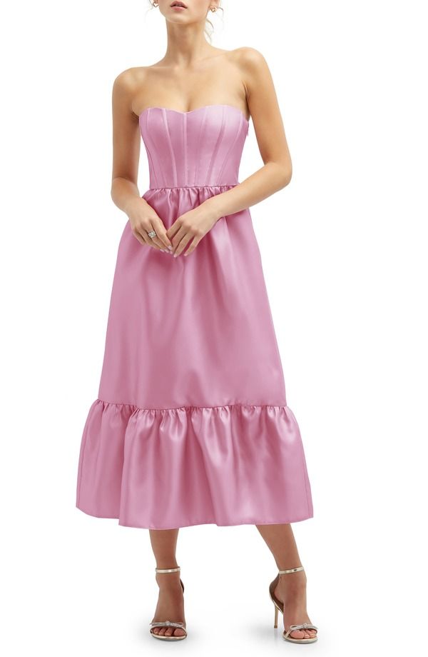 ドレッシーコレクション レディース トップス ワンピース フリル裾 フリル ミディ サテン ストラップレス Dessy Collection Corset Ruffle Hem Straplessatin Midi Dress Powder Pink ピンク