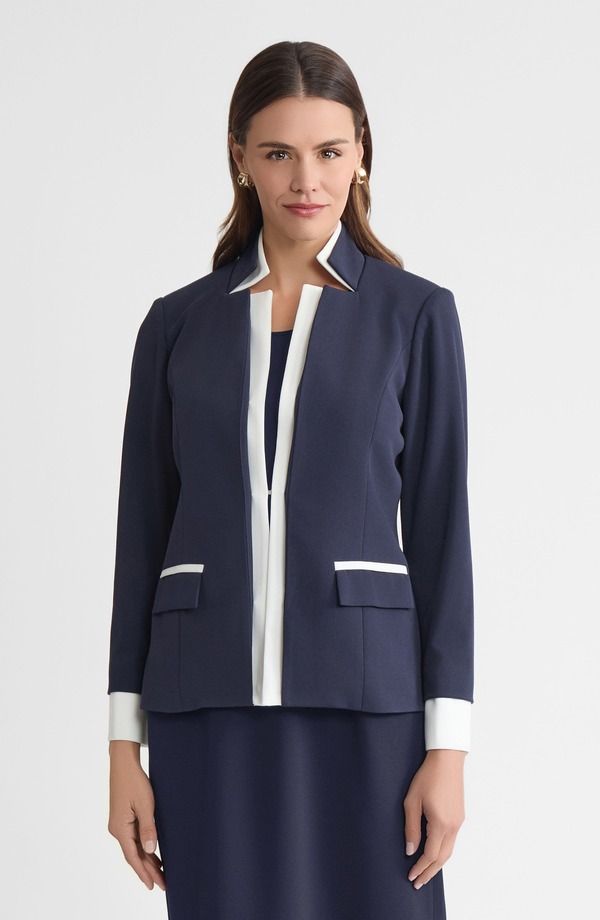 ミンウォン レディース アウター ジャケット・ブルゾン クレープ ブレザー Ming Wang Tailored TwoToned Stretch Deco Crepe Blazer IndigoWhite ホワイト